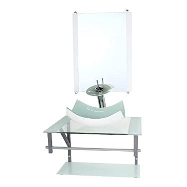 Imagem de GABINETE DE VIDRO PARA BANHEIRO 60CM AC CUBA RETANGULAR CURVADA BRANCO COM TORNEIRA CASCATA