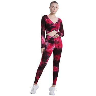 Imagem de Yajun Tie-dye Roupa de Yoga Feminina Tops de Manga Longa Cintura Alta Leggings de Elevação de Bumbum Respirável Stretch Fitness Ciclismo Roupa Esportiva, Vermelho, P (Peito: 37cm)
