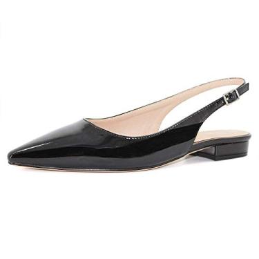 Imagem de Fericzot Sapatos femininos sensuais sandálias de bico fino salto baixo quadrado fivela Drees Flat Shoes Plus Size, Preto envernizado, 9