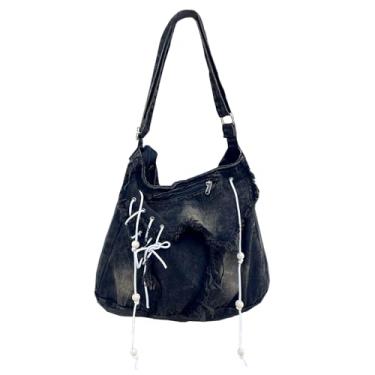 Imagem de NIGEDU Bolsa de ombro feminina casual jeans transversal bolsa carteiro feminina de alta capacidade, Preto