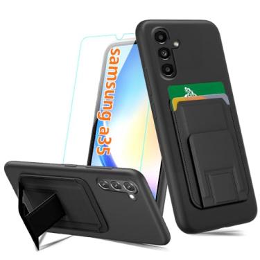 Imagem de Capa para celular Samsung Galaxy A35 5G com protetor de tela de vidro temperado, suporte dobrável para cartões/compartimentos para suporte/carteira com suporte, capa protetora de silicone para Samsung