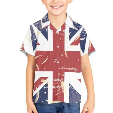 Imagem de Camisetas havaianas com botões de botão para verão unissex infantil manga curta camisa social 3-16 anos Tropical Aloha Shirts, Bandeira britânica, 13-14 Years