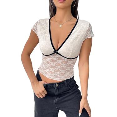 Imagem de Camiseta feminina de renda, gola V, caimento justo, manga curta, malha transparente, camiseta sexy, Marfim, GG