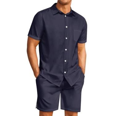 Imagem de Sipumia Conjunto masculino havaiano casual de botão, 2 peças, camisa de praia de verão lisa e shorts para férias, Azul marino, GG