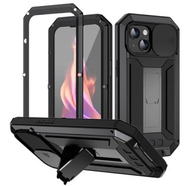 Imagem de ANROD Capa para iPhone 15, capa rígida à prova de choque, alumínio, metal, gorila, vidro, militar, resistente, capa protetora para iPhone 15, com capa de proteção de lente (preto)