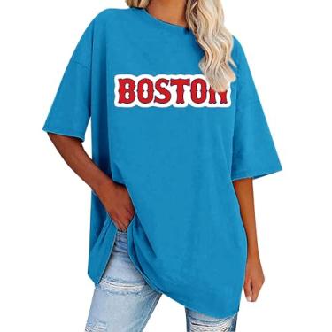Imagem de Blusa feminina de verão Boston Letter Tops manga curta gola redonda camisetas casuais soltas básicas blusas leves, Azul, GG