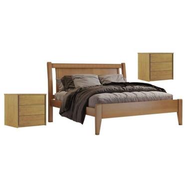 Imagem de Conjunto Quarto de Casal Cama em Madeira Maciça 140cm e 2 Mesas de Cabeceira 3 Gavetas Unique Amêndoa Mel