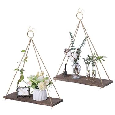 Imagem de Prateleiras suspensas para parede e janela, prateleira de plantas para ambientes internos - Prateleiras de parede flutuantes para quarto, banheiro, sala de estar - Prateleira para pendurar na parede de macramê - Decoração de parede Boho para casa, conjunto de 2 (Grande2)