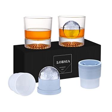 Imagem de Copo Whiskey Rocks, conjunto de 4 (2 copos de cristal de Bourbon, 2 moldes grandes de bola de gelo) em caixa de presente - Copos antiquados de 293 ml para uísque, coquetel, rum, conhaque, vodca,