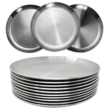 Imagem de CAMBUY Pratos de aço inoxidável 23 cm 304 metal leve inquebrável pratos de jantar conjunto de pratos sem toxina seguro para lava-louças livre de BPA e saudável (10 peças)