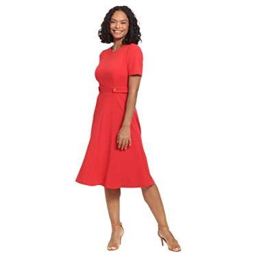 Imagem de London Times Midi feminino de malha com ilhós, manga curta, crepe inserido, cintura midi com detalhe de botão, Verdadeiro vermelho, 46