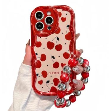Imagem de Pretaco Capa para iPhone 16 Pro, [cor vermelha cromada cerejeira][Capa com borda curvada criativa][2 em 1 com alça de pulso com contas] TPU macio antichoque e resistente a choques para mulheres e