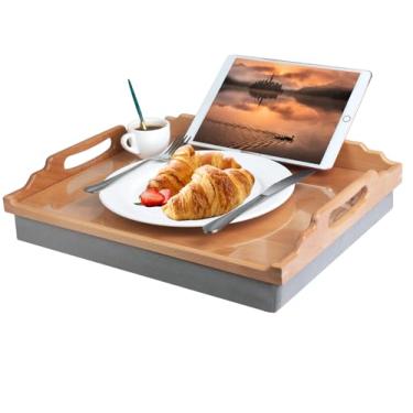 Imagem de DRELIFAM Mesa de colo com almofada, bandeja de madeira para comer, bandeja de colo em poltrona reclinável, bandeja de café da manhã, bandejas de comida para cama de jantar de TV (madeira de faia)