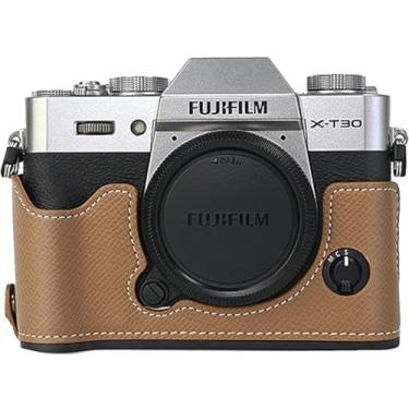 Imagem de Capa X-T30, capa BMAOLLONGB feita à mão em couro de fibra de carbono PU para meia câmera, versão com abertura inferior para Fujifilm X-T30 XT30 com alça de mão (marrom)