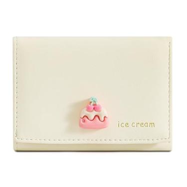 Imagem de MOMOJULI Linda carteira dobrável de couro PU bonita bolsa moderna com bolso para dinheiro, compartimento para cartão, janela para identidade, para mulheres e mulheres, Bolo - bege