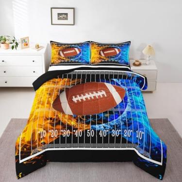 Imagem de jejeloiu Jogo de cama de futebol americano, tamanho casal, rúgbi, esportivo, para crianças, mulheres, homens, ultramacio, fogo no gelo, jogo de edredom de futebol americano, presente para amantes de