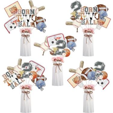 Imagem de Funmemoir Decorações esportivas de 2º aniversário – 24 peças de bastões de centro de mesa para festa de aniversário, nascido com duas bolas, basquete, beisebol, futebol, rúgbi, futebol, futebol,