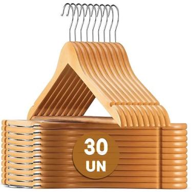 Imagem de Cabide Madeira Verniz 30 Peças Marfim Gancho Cromado Adulto - CLEAN TE