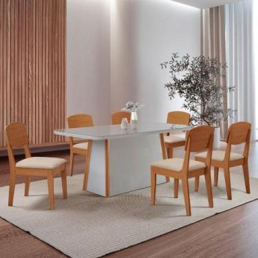 Imagem de Mesa Diane 180cm Tampo Mdf Vidro Canto Copo Com 6 Cadeiras Veludo Crem