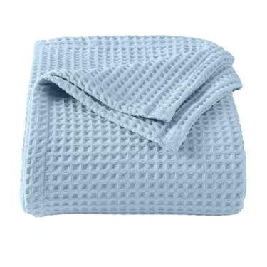 Imagem de Cobertor de cama queen 100% algodão Waffle Weave | Cobertor macio, respirável e leve para todas as estações | Perfeito para camadas | Coleção Brielle (casal/Queen, azul celeste)