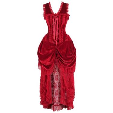 Imagem de Daisy corsets Espartilho feminino de veludo vermelho escuro com barbatanas de aço vitoriano, Vermelho escuro, G