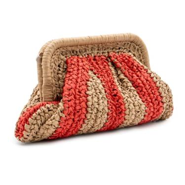 Imagem de MaijjLyn Colorblock Bolsas de mão de palha bolsas transversais de tecido para mulheres, bolsas de praia de palha, bolsa de bolinho de massa, Vermelho cáqui