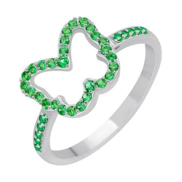 Imagem de GOURIK Anel de esmeralda banhado a ouro branco em forma de borboleta tamanho 10 para mulheres - Anel delicado resistente com pedra de nascimento de maio, ajuste confortável, sem manchas - Joia leve