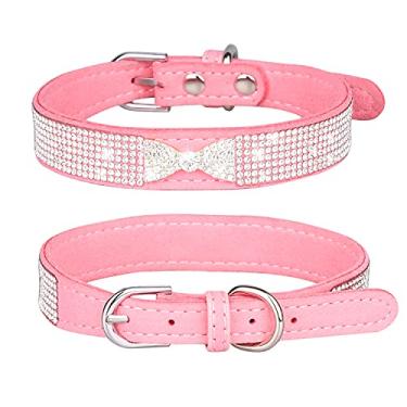 Imagem de Pimaodog Coleira para cachorro com strass, lindo deslumbrante couro de camurça macio ajustável cão gato coleira diamante cristal para filhotes pequenos médios grandes (P: 26 - 32 cm, rosa-3)