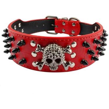 Imagem de haoyueer Coleira cravejada para cães - Coleiras de couro elegantes para cães - 5 cm de largura para cães médios e grandes - Pitbull Mastim Labrador Boxer Rottweiler Pastor Alemão (P, Vermelho)