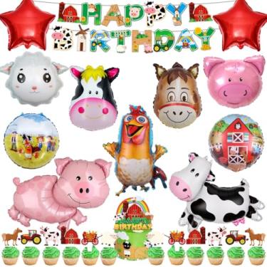 Imagem de 37 balões de festa com tema de animais de fazenda, cupcake, estampa de vaca de fazenda, ovelha, porco, burro, mylar, balões de papel alumínio, chá de bebê, menino, menina, suprimentos de decoração de