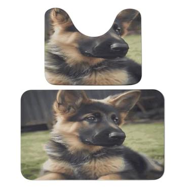 Imagem de 2 peças de tapete de lã coral 50 x 39,9 cm em forma de U e 19,7 x 31,5 cm, conjunto de tapetes e tapetes de banheiro com estampa de filhote de pastor alemão