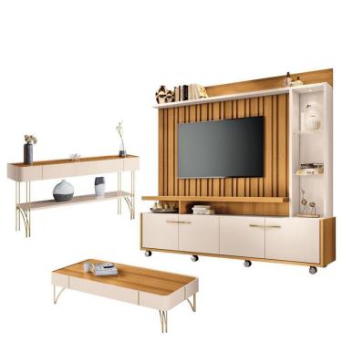 Imagem de Estante Home Theater Titan E Aparador Vivant E Mesa De Centro Cadenza Cinamomo Off White - Hb Móveis