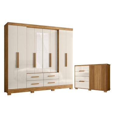 Imagem de Guarda Roupa Casal San Lorenzo Com Espelho E Cômoda Texas Freijó Off White – Moval