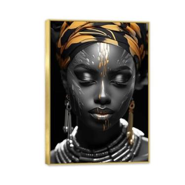Imagem de SDYJ6GSW Retratos de mulheres africanas pretas douradas impressões em tela pintura de parede de meninas negras para decoração moderna de sala de estar moldura dourada 100 x 70 cm (39 x 28 pol.)