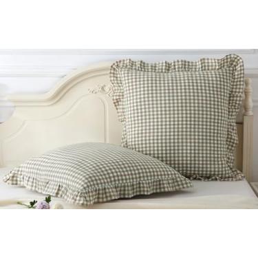 Imagem de Conjunto de 2 fronhas de travesseiro xadrez verde sálvia com babados europeu, capas de travesseiro de algodão lavado-66 x 66, xadrez verde sálvia