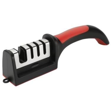 Imagem de Afiador Manual de Facas e Tesouras Amolador 3 Estágios Base Antiderrapante Cabo Ergonômico Preto e Vermelho Aço Inox 21,5 x 5 x 5,6 cm