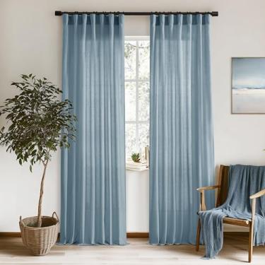 Imagem de XTMYI Cortinas azuis empoeiradas de 246 cm de comprimento para sala de estar, ganchos vintage com filtro de luz, abas traseiras plissadas, semitransparentes, conjunto de 2 painéis, azul pedra