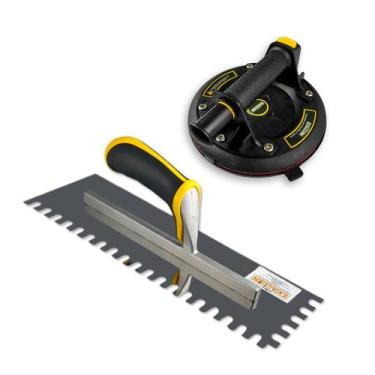 Imagem de Kit Ventosa A Vácuo 200kg Com Desempenadeira Aço Inox Dentada 40x12cm 