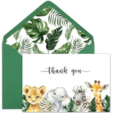 Imagem de Cartões de agradecimento da selva Safari com envelopes, 50 animais da selva dobrados chá de bebê, nota de agradecimento, 4 x 6 Wild One, perfeito para chá de bebê e aniversário de crianças
