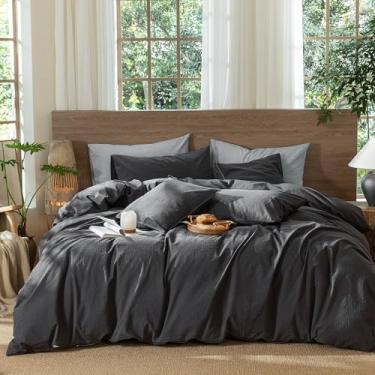 Imagem de MooMee Conjunto de capa de edredom listrado ondulado, 100% algodão lavado, linho, texturizado, respirável, durável, macio e confortável (cinza carvão, Cal King 264 x 248 cm)