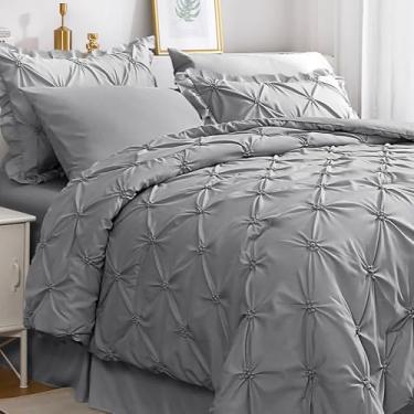 Imagem de Jollyvogue Conjunto de edredom tamanho queen com pregas de beliscar 8 peças, conjunto de edredom de cama cinza em uma bolsa para quarto, conjuntos de edredom com edredom, lençóis, saia para cama, fronhas e fronhas com babados