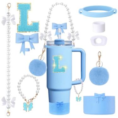 Imagem de Conjunto de acessórios para copos Stanley de 9 peças - para copos de 850 g 1,134 g com alça - Kit Bule inclui enfeite de palha e bota, pingente, alça de pérola e adesivos - Presentes estéticos para