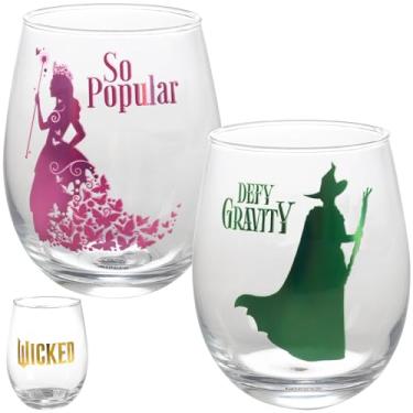 Imagem de SCS Direct Conjunto de 2 taças de vinho sem haste Wicked For Good - Mercadoria oficialmente licenciada do filme - Glinda Popular & Elphaba Defy Gravity Designs - Presente de teatro da Broadway para
