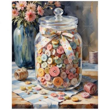 Imagem de Kit de pintura por números Still Life para adultos – Pote DIY de botões e flores pintura em tela 41 x 50 cm, conjunto de tinta acrílica, adequado para iniciantes, arte decorativa para casa ou