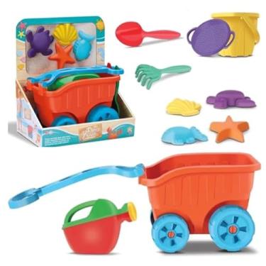 Imagem de Conjunto de Praia Infantil, Carriola Laranja com Rodas Azuis, Kit com Acessórios, Baldinho e Forminhas para Areia
