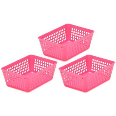 Imagem de Cesta de armazenamento colorida de plástico Ybmhome para gaveta de escritório, prateleira, gavetas de lixo para casa, despensa de cozinha ou bancada – Bandejas para escritórios e salas de aula, rosa, 3