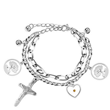 Imagem de Berloques Jesus Crucifixo Cruz Corrente Pulseira Árvore da Vida Pulseiras, Aço Inoxidável, Semente de Mostarda Joias Cristãs ZY077