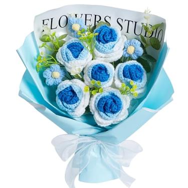 Imagem de SITUMEIZI Buquê de flores de crochê, flores azuis preservadas para aniversário, esposa, avó, amigos, presente de formatura