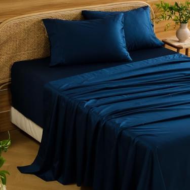 Imagem de Bedlifes Lençóis com bolso profundo 45 a 61 cm, algodão egípcio Queen Size 1000 fios, 4 peças - serve em colchões extra grossos, refrescantes e respiráveis (azul marinho)