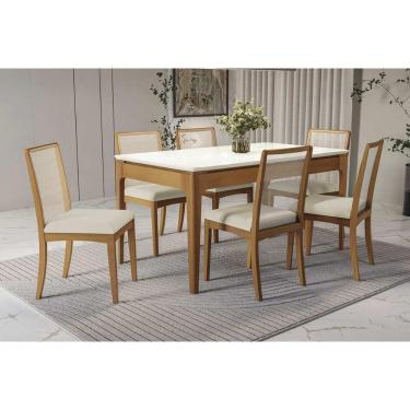 Imagem de Conjunto Sala de Jantar Mira Premium Madeira Maciça c/ Tampo Madeirado c/ Vidro 160x90cm e 6 Cadeiras Lara Carvalho/Off White - Linho Bege Argila-Kapp